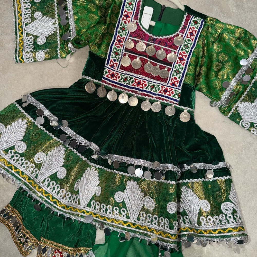 Girls Green Embroidered Traditional Formal Dress with Coin Accents